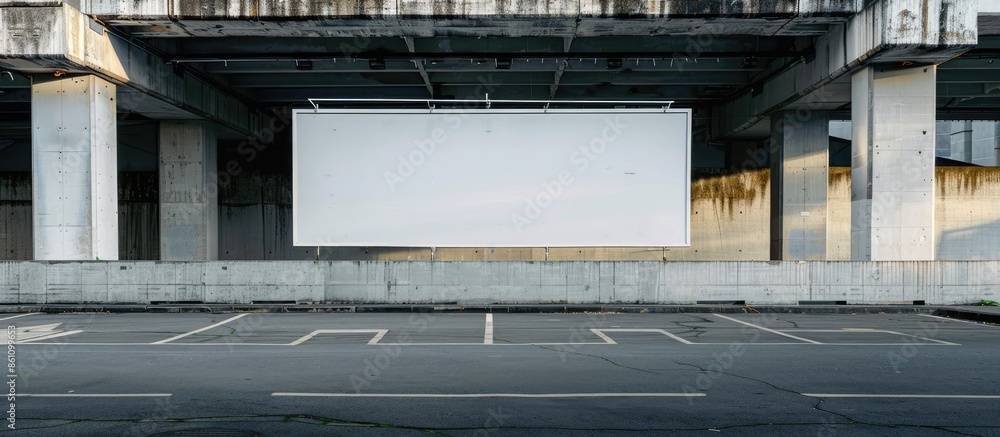 Poster empty advertisement banner of white colour located between grey concrete building beams at parking l