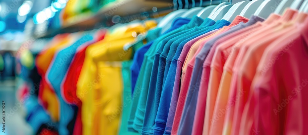 Poster shopping concept - colorful clothing in a fancy store. copy space image. place for adding text or de