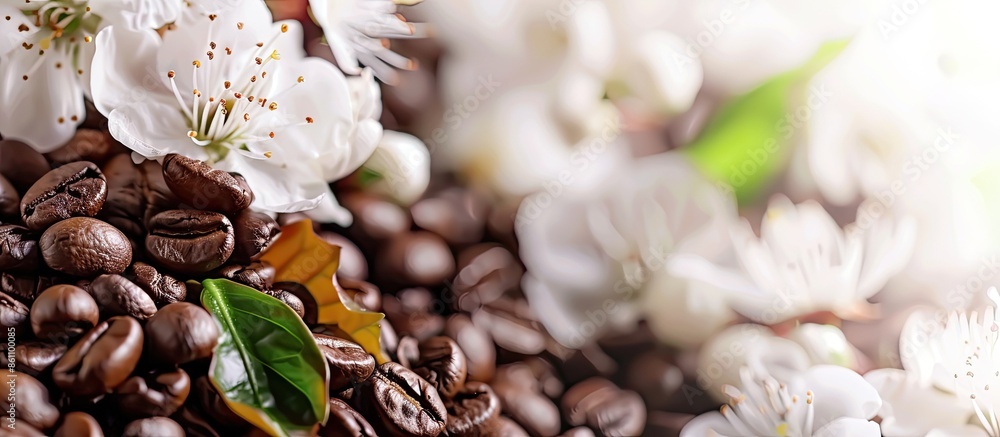 Aufkleber mix of coffee beans and coffee tree blossom for background. copy space image. place for adding text 