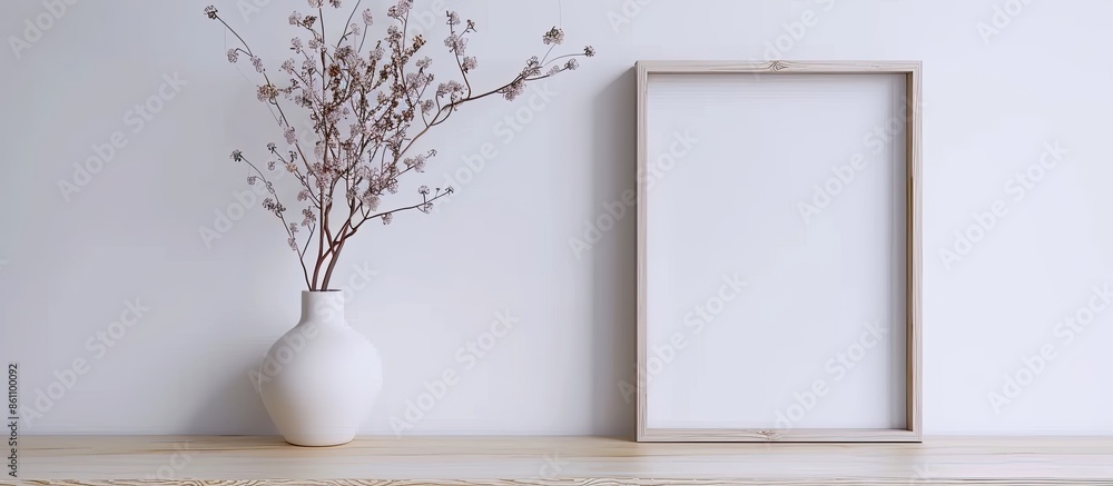 Poster frame mock up and dry twigs in vase on book shelf or desk. white colors. copy space image. place for