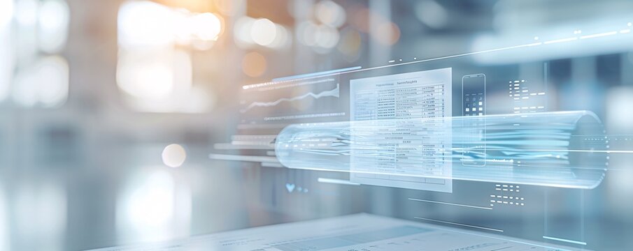 In a minimalist setting, a holographic display showcases overdue bills and a bankruptcy form, casting a stark light on financial difficulties. The image includes significant copy space to allow for