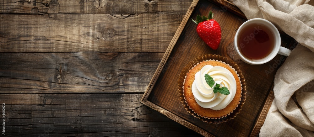 Poster cupcake on a wooden tray with tea. copy space image. place for adding text and design