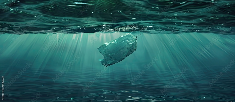 Poster plastic pollution in ocean - plastic bag floating on sea - environmental problem. copy space image. 