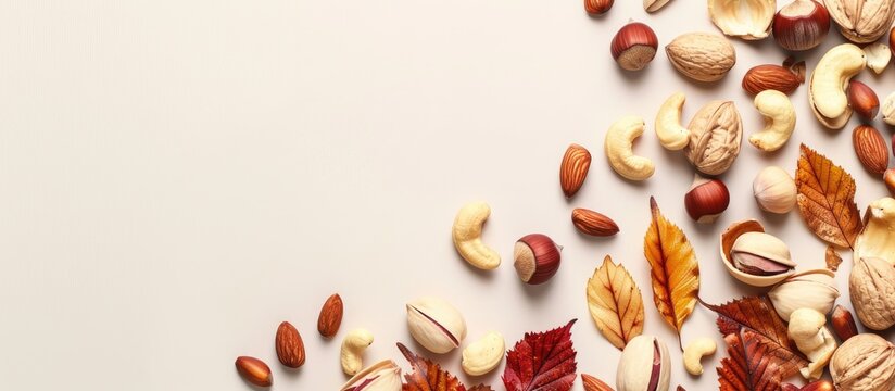 nuts pastel background Food  Isolated  transparent  Autumn. Copy space image. Place for adding text and design