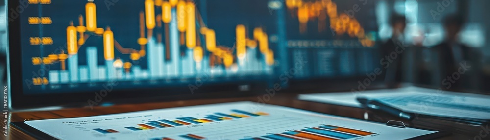 Aufkleber close-up of financial charts and graphs on a desk with computer monitors showing stock market data i