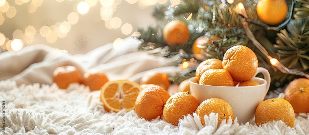 Poster fresh tangerines in cup on white carpet,christmas concept. copy space image. place for adding text a