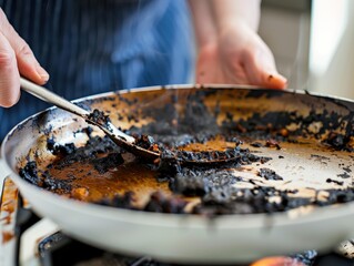 Culinary Frustration - Person Scrubbing Burnt Food Off Pan with Disappointment and Frustration
