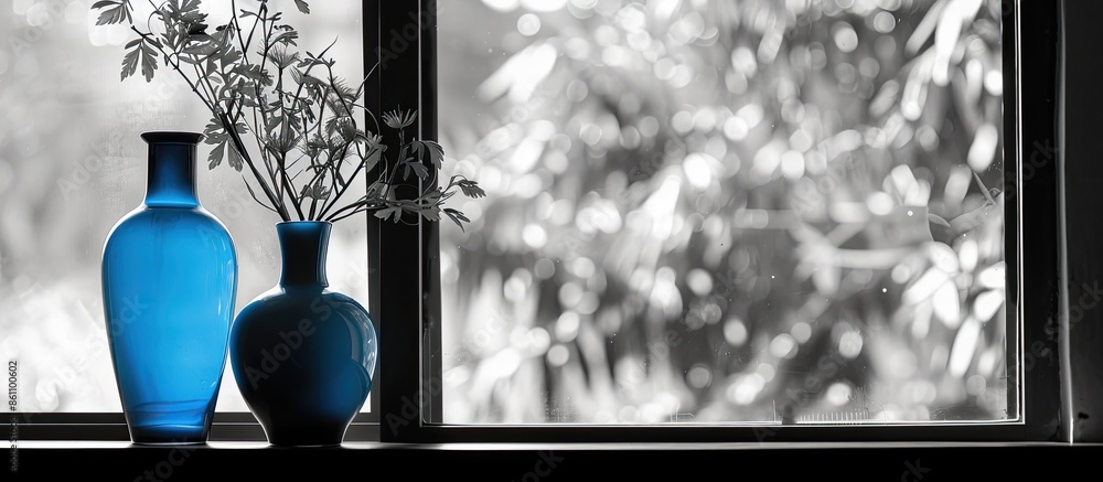 Aufkleber a blue bottle and two vases with plants on the window. black and white photograph. copy space image.