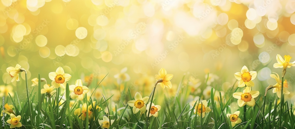 Aufkleber green grass and yellow narcissus. pastel background. copy space image. place for adding text and des