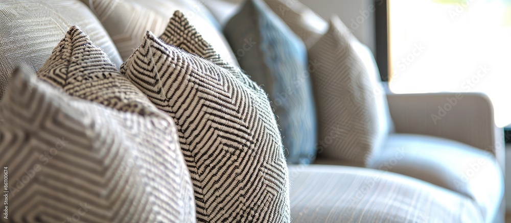Poster closeup of modern furniture with pillows. copy space image. place for adding text and design