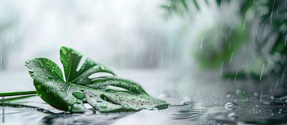 Sticker foggy background, blurry monstera leaf in white pair, water drops on glass. fog effect of palm leaves silhouettes behind. out of focus. Copy space image. Place for adding text or design