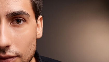 Fototapeta premium Close-up shot of a man face on pure black background, low light, copy space on a side