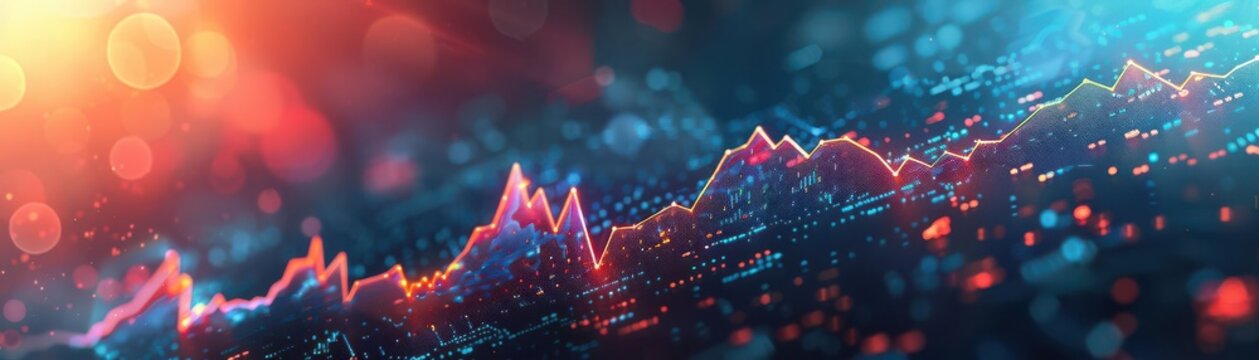 Colorful abstract financial chart showing market trends and data analytics with a futuristic design and bokeh effect.
