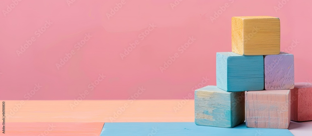 Poster colorful wooden cube toy for kid pastel background design. copy space image. place for adding text a