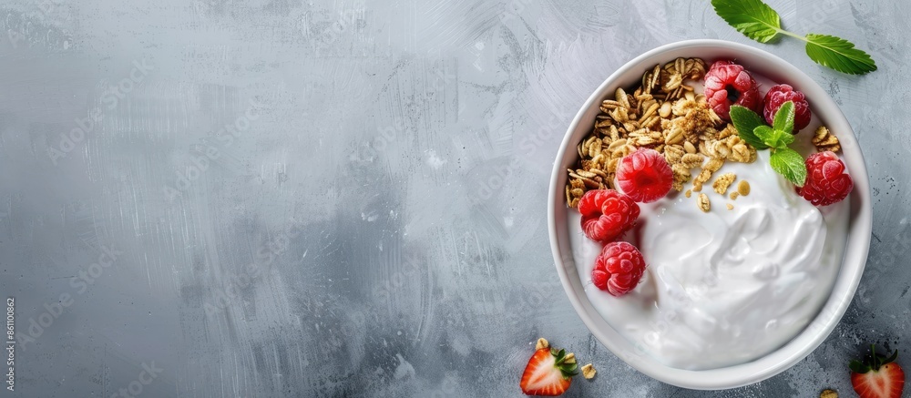 Poster healthy breakfast. bowl of yogurt with granola and berries. copy space image. place for adding text 