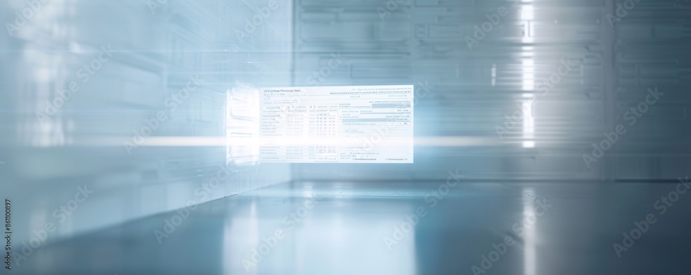 Poster in a minimalist setting, a holographic display showcases overdue bills and a bankruptcy form, castin