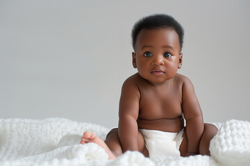 cute one year old afro american baby in white diaper on white background.