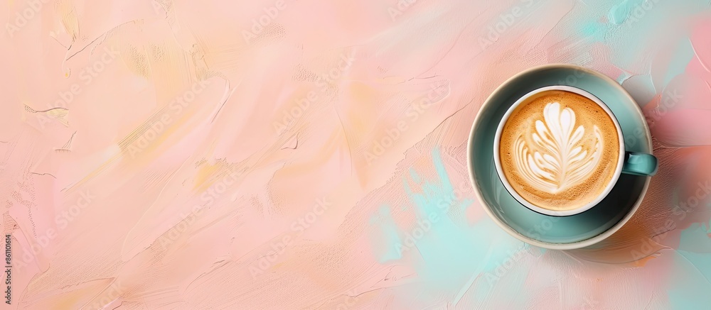 Poster latte art on the wooden table ,top view of a cup of coffee pastel background. copy space image. plac