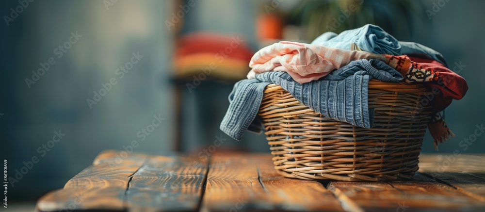Poster clothes in wicker basket on wooden table at laundry-household chore concept. copy space image. place