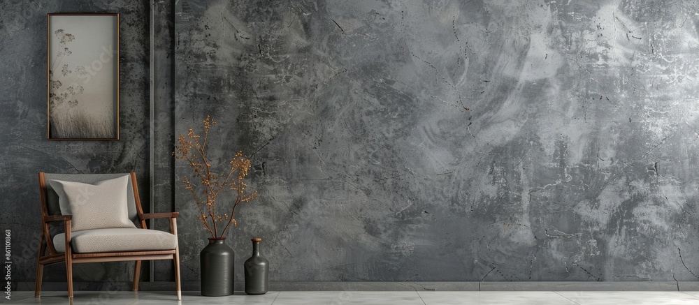 Wall mural grey stone and concrete wall background, home accessory and niche concept, chair, poster, vase of pl - Wall murals