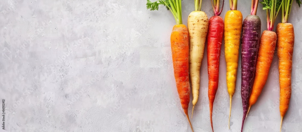 Poster fresh rainbow carrots picked from the garden. copy space image. place for adding text or design