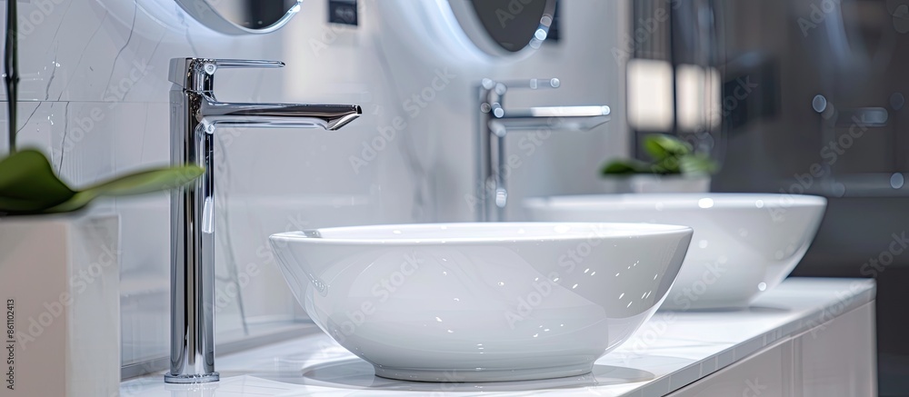 Poster bathroom tap sink showroom display of new design option for home building improvement works. copy sp