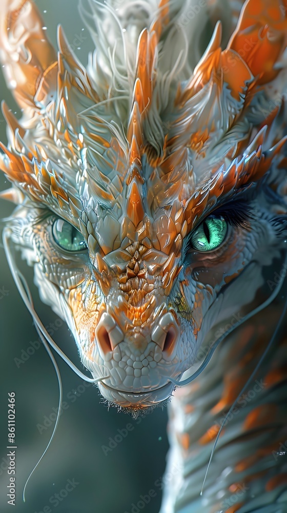 Canvas Prints captivating anthropomorphic dragon with shimmering iridescent fur coat and sparkling emerald eyes in