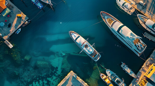 Aerial drone photo of beautiful yacht manoeuvring inside round port of Zea or Passalimani a safe anchorage in seaside area of Piraeus Attica Greece : Generative AI