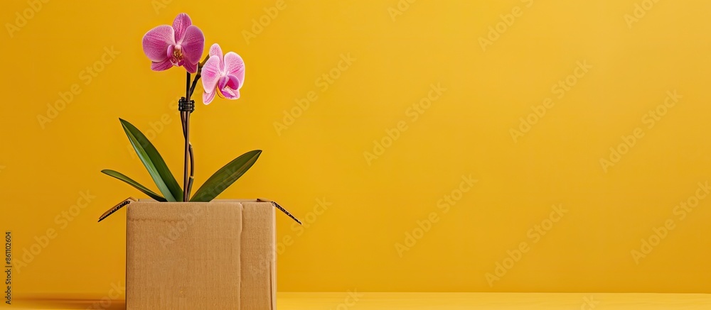 Aufkleber orchid flower stands on a cardboard box. copy space image. place for adding text and design