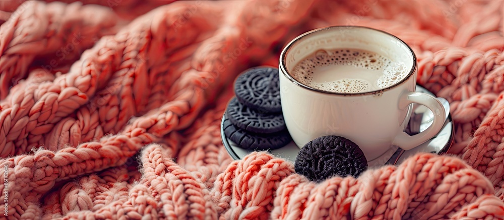 Poster cup of coffee with milk and chocolate cookies on warm knitted coral blanket. copy space image. place