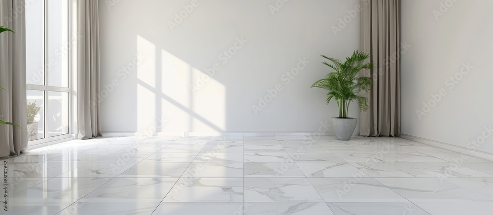 Poster new apartment, empty room with white tiled floor. copy space image. place for adding text and design