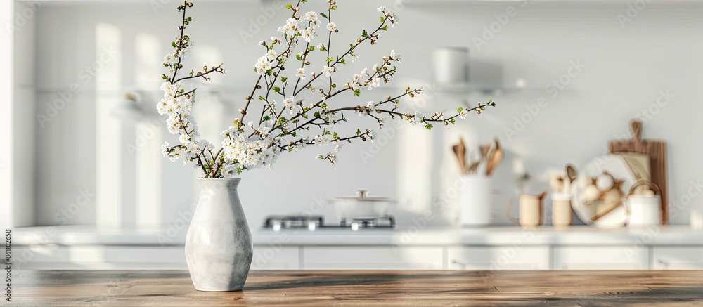 Poster vase with beautiful blossoming branches on dining table in kitchen. copy space image. place for addi