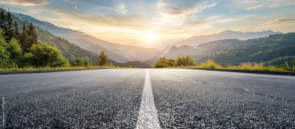 Poster asphalt road in the mountains with soft sky on the background. copy space image. place for adding te