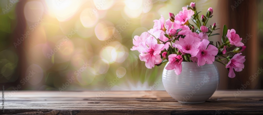 Poster pink flowers home decor on a table. copy space image. place for adding text and design