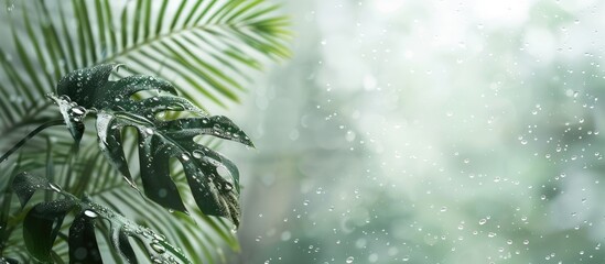 foggy background, blurry monstera leaf in white pair, water drops on glass. fog effect of palm leaves silhouettes behind. out of focus. Copy space image. Place for adding text or design