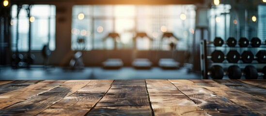 Blurred background of fitness gym and wooden table free space for product display. Copy space image. Place for adding text and design