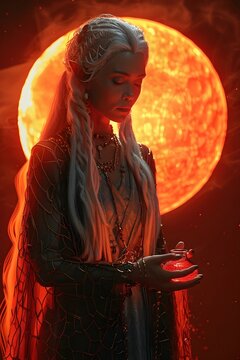 Dark-Skinned Female Drow Priestess Holds Magical Potion Amidst Menacing Sunset Fantasy Landscape