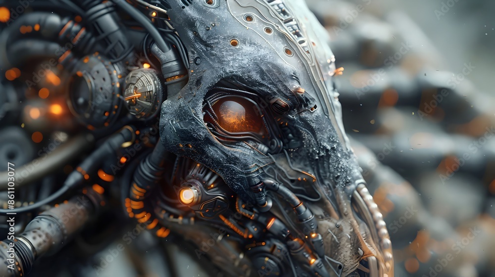 Fototapete enigmatic biomechanical hybrid - a captivating synthesis of animal and machine with intricate exoske