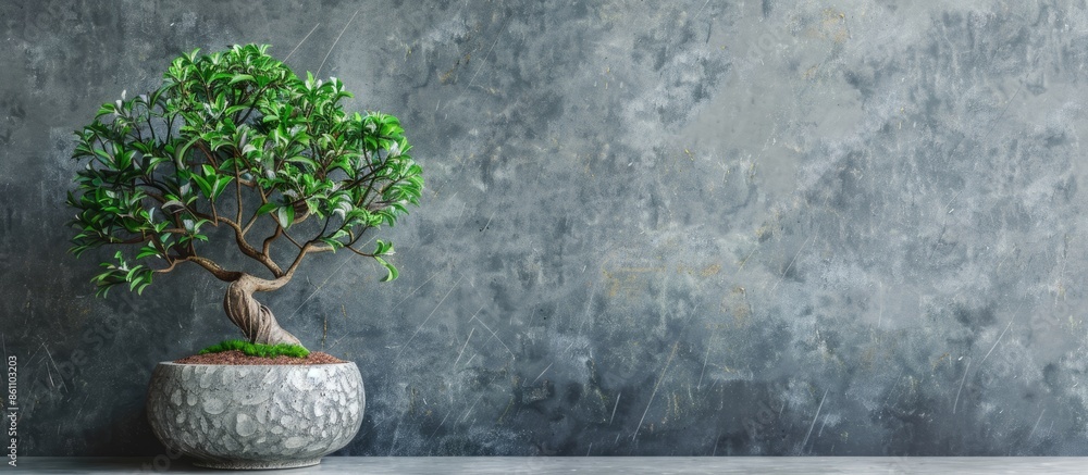 Poster decorative tropical tree planted in ceramic pot. copy space image. place for adding text and design