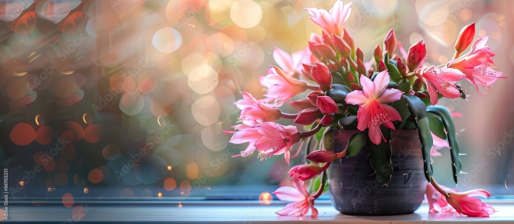 Aufkleber pink christmas cactus blooms on the windowsill. copy space image. place for adding text and design