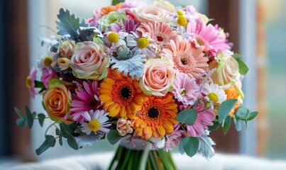 Detailed shot of a bridal bouquet with a mix of vibrant and pastel flowers