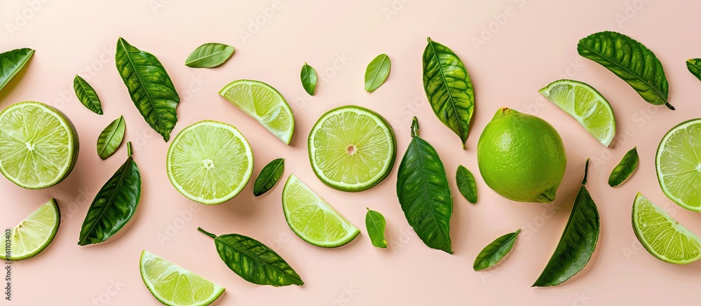 Poster sliced fresh lime fruits with leaves isolated on pastel background. copy space image. place for addi