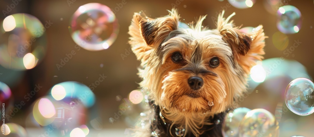 Poster yorkie puppy surrounded by soap bubbles. copy space image. place for adding text and design
