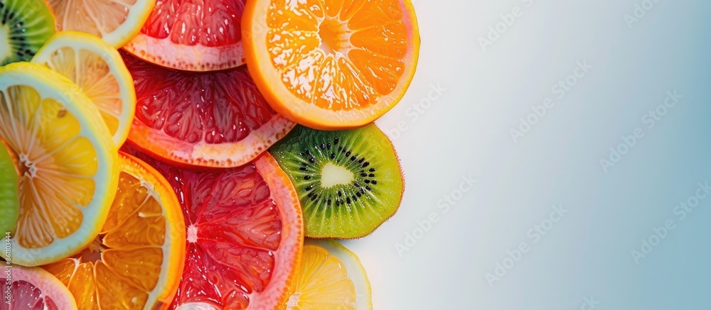 Poster sliced fruits background. copy space image. place for adding text and design