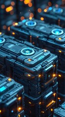 Fototapeta premium Futuristic Luminous Battery Source With Tiered Energy Formation and Industrial Utility Crates