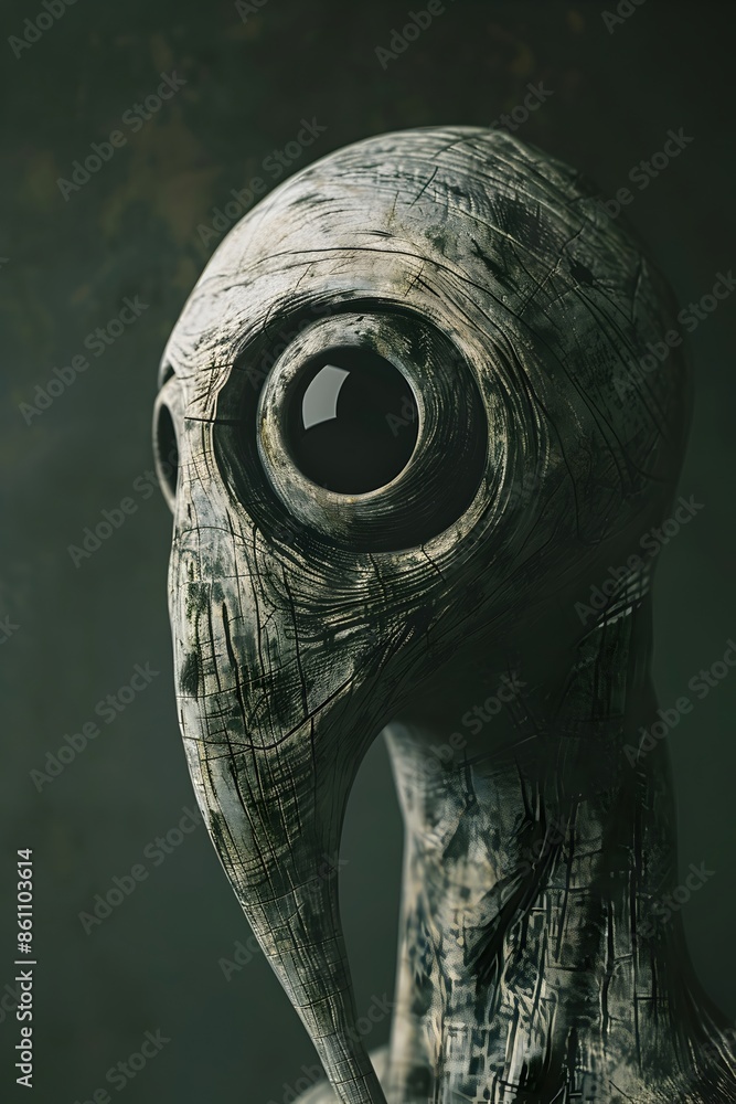 Sticker Haunting Soulless Humanoid Form with Void-like Eye Cavities in Moody Atmospheric Cinematic 3D Render