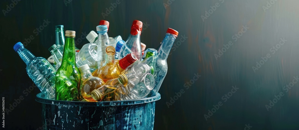 Poster recyclable garbage of glass and plastic bottles in rubbish bin. copy space image. place for adding t