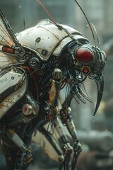 Fototapeta premium Hyper-Detailed Insectoid Creature with Razor-Sharp Mandibles and Turbine-Powered Wings in an Isolated Industrial Sci-Fi Setting
