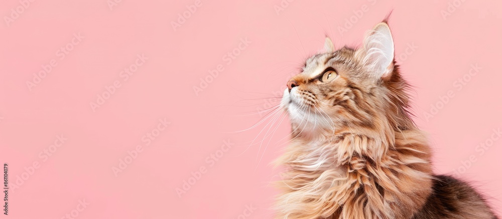 Poster portrait of a siberian forest cat , isolated on pastel background. copy space image. place for addin