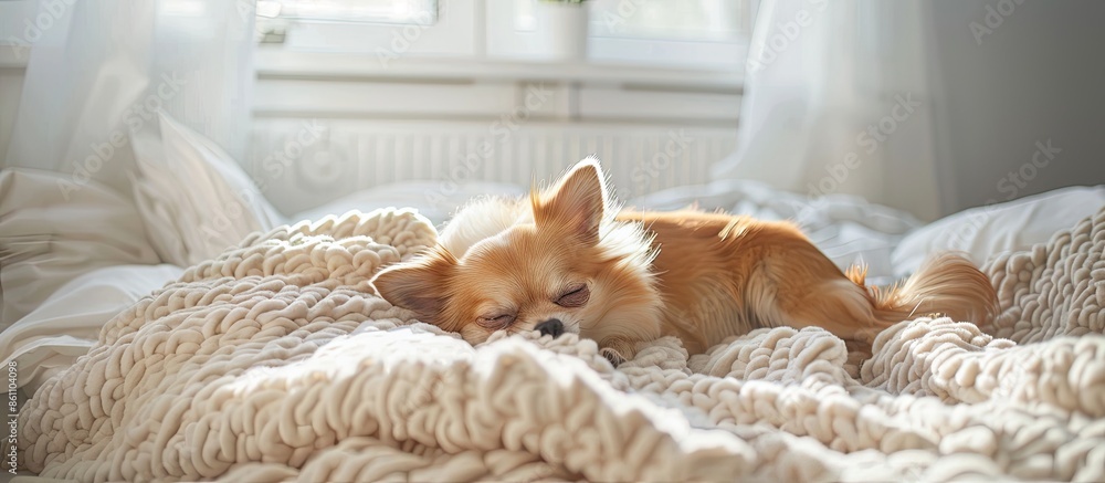 Poster chihuahua dog in the bedroom on the bed. copy space image. place for adding text and design
